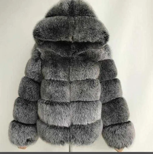 Fashion Winter Women Imitation Fox Fur Jacket Hooded Loose Long Sleeves Female Eco Fur Coat Patchwork Plush Thick Lady Fur Coat