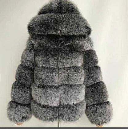 Fashion Winter Women Imitation Fox Fur Jacket Hooded Loose Long Sleeves Female Eco Fur Coat Patchwork Plush Thick Lady Fur Coat