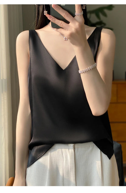 New Lce Silk Satin Camisole Women's Spring/Summer Solid Color Sleeveless Sexy Comfortable Silk Underwear Vest RW-D09