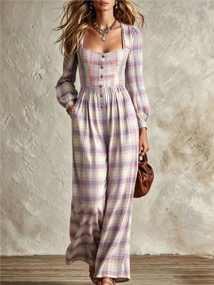 Women's Fashion Square Neck Retro Plaid Long Sleeve Jumpsuit Autumn New Waist Single Breasted Pocket Wide Leg Female Rompers2026