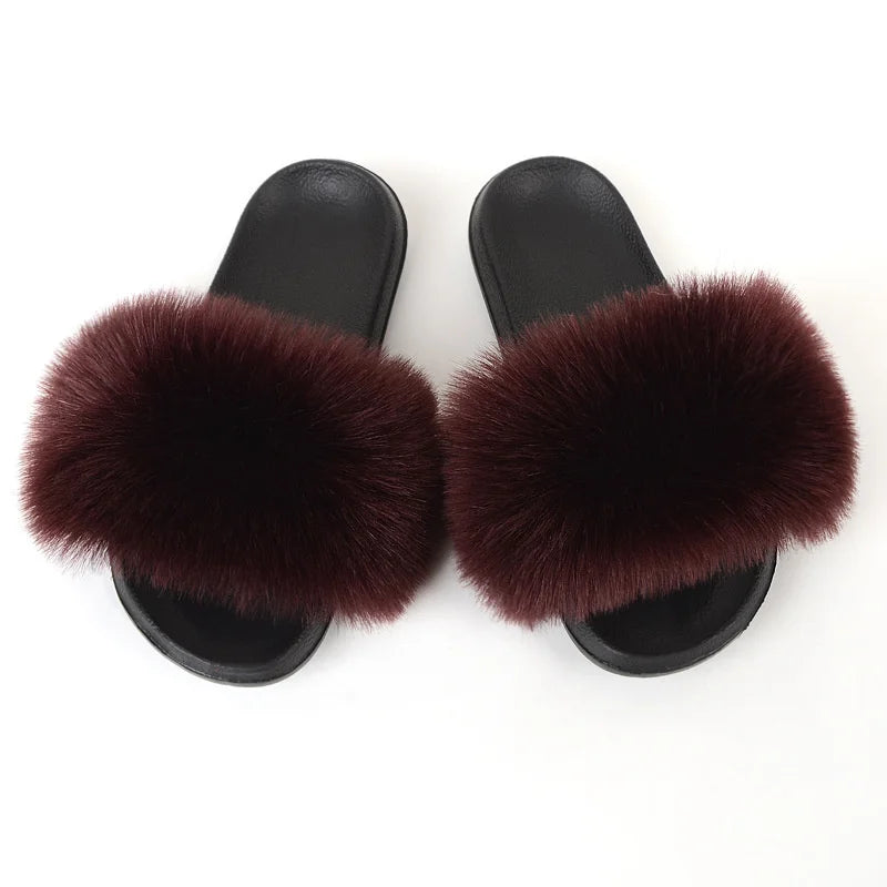 Women's Summer Faux Fur Fox Fur Slippers Fashion Luxury Indoor and Outdoor Non-Slip Solid Color Flat Bottom Furry Sandals