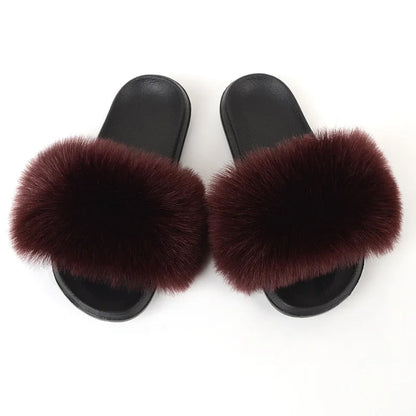 Women's Summer Faux Fur Fox Fur Slippers Fashion Luxury Indoor and Outdoor Non-Slip Solid Color Flat Bottom Furry Sandals