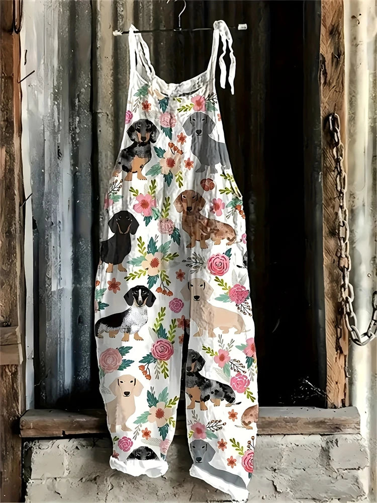 New Summer Women's Jumpsuit Cartoon Dog Print Fashion Cute Casual Jumpsuit Women's Parent-Child Outdoor Travel Lace-Up Jumpsuit