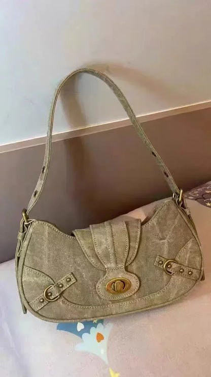Y2k Vintage Shoulder Bag American Street Style Rivets Green Canvas Handbag Gothic Punk Biker Cool Designers Underarm Bag Handbag