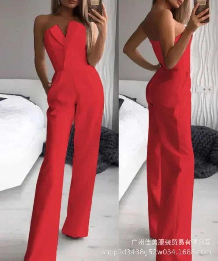 New Fashion Women's Elegant Jumpsuits Solid Off Shoulder Sexy Slim Jumpsuits Female Sleeveless High Waist Wide Leg Rompers Pants