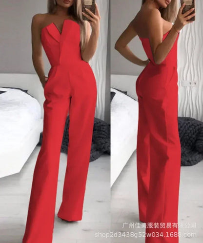New Fashion Women's Elegant Jumpsuits Solid Off Shoulder Sexy Slim Jumpsuits Female Sleeveless High Waist Wide Leg Rompers Pants
