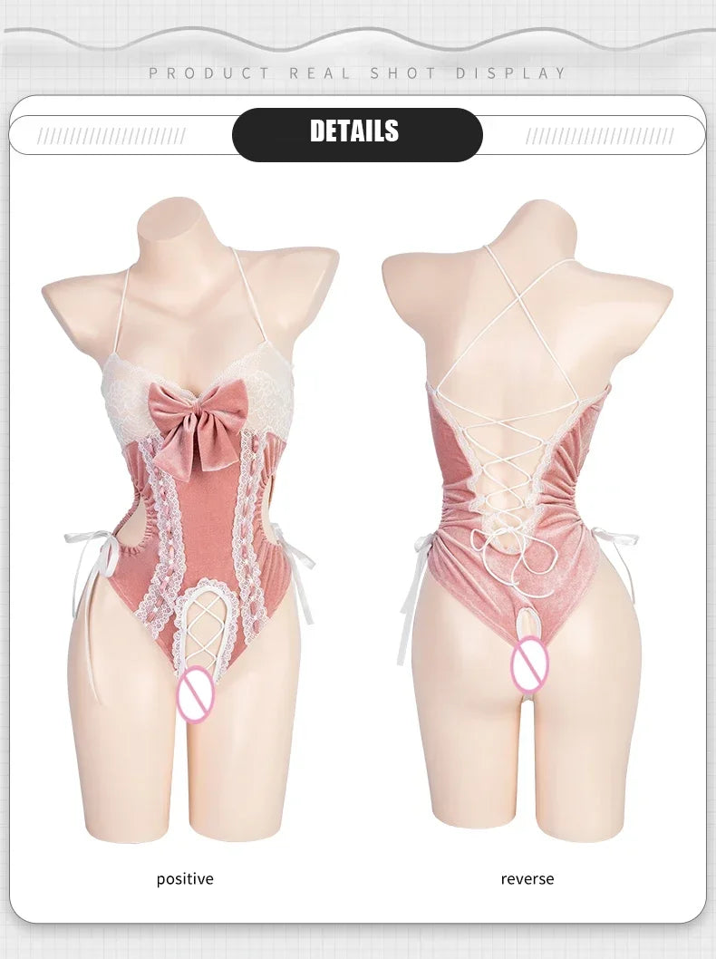 Anime Kawaill Bunny Girl Costume Women Sexy Cosplay Lingerie Pink Bow-knot Lace Sling Open Crotch Bodysuit Exotic Underwear