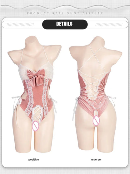 Anime Kawaill Bunny Girl Costume Women Sexy Cosplay Lingerie Pink Bow-knot Lace Sling Open Crotch Bodysuit Exotic Underwear