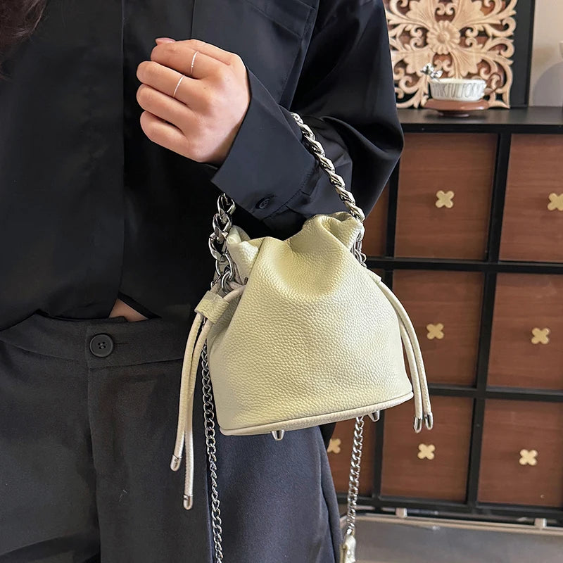 100% Genuine Leather Women Shoulder Crossbody Bags High Quality Solid Color Cow Leather Bucket Handbag Luxury Female Sac