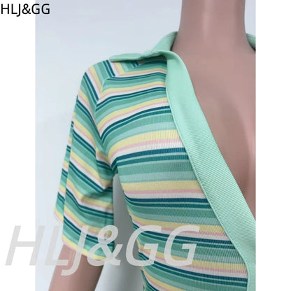 HLJ&GG Green Sexy Deep V Stripe Ribber Bodycon One Piece Rompers Women Short Sleeve Slim Jumpsuits Fashion Party Club Overalls