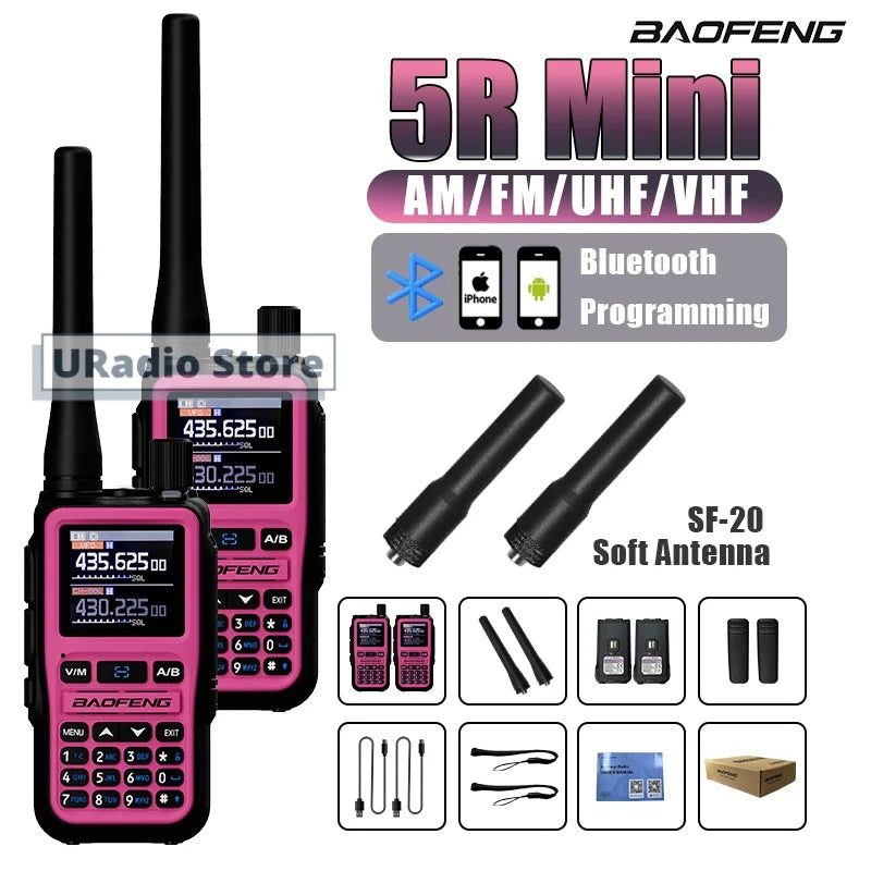 Baofeng UV-5R Mini Walkie Talkie BF-5R Mini Ham Two Way Radio Pink Dual Display USB-C 999 Channel AM For Camping Hiking Hunting