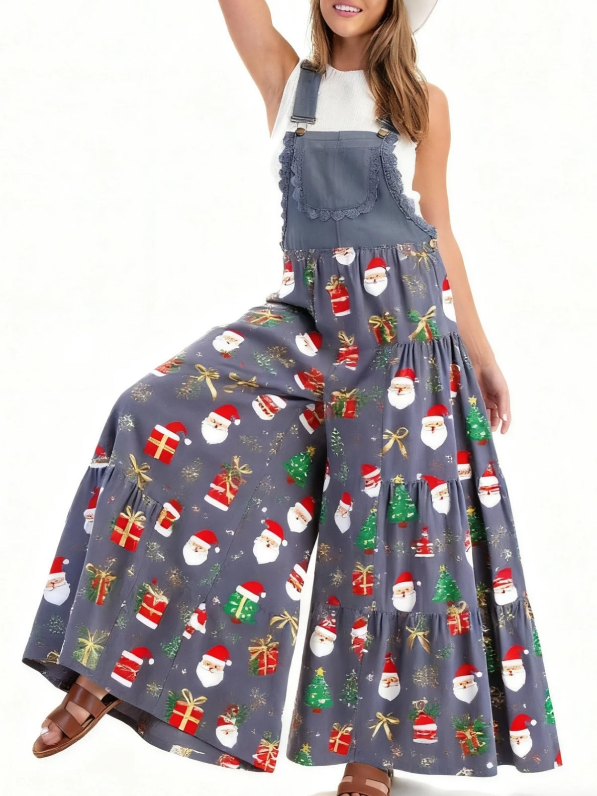 Xingqing Sexy Women Jumpsuits Christmas Themed Print Lace Patchwork Sleeveless Baggy Wide Leg Overalls Streetwear with Pocket