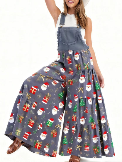 Xingqing Sexy Women Jumpsuits Christmas Themed Print Lace Patchwork Sleeveless Baggy Wide Leg Overalls Streetwear with Pocket
