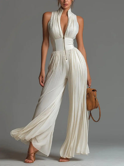 Sexy Deep V Neck Hollow Zip Jumpsuit Women's Spring Solid High Waist Wide Leg Romper Summer Sleeveless Pleated Vacation Overalls