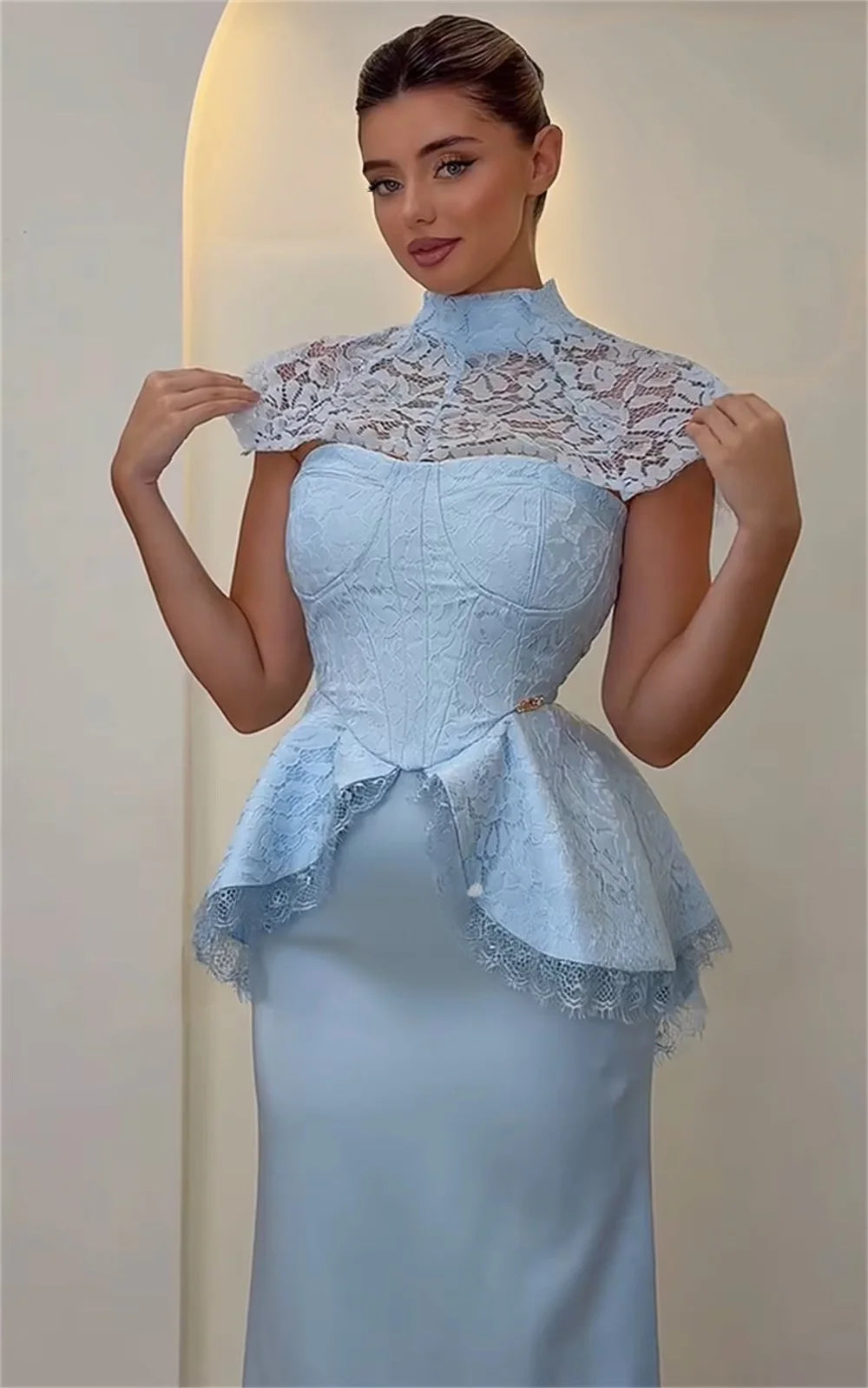 Sky Blue Lace Women Long Bespoke Occasion Gown Evening Dresses Prom Pastrol Unisex Jersey Retro Dubai Saudi Arabic Customized