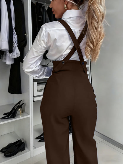 Women Brown High Waist Cross Back Suspender Flare Pants Double Breasted Button Wide Leg Overalls Business Casual Trousers