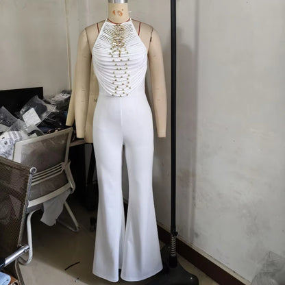 Sexy Women's Beaded Halter Jumpsuits Overalls Summer 2025 Backless Fitted Wide Legs Rompers One Piece Outfits Clubwear Party