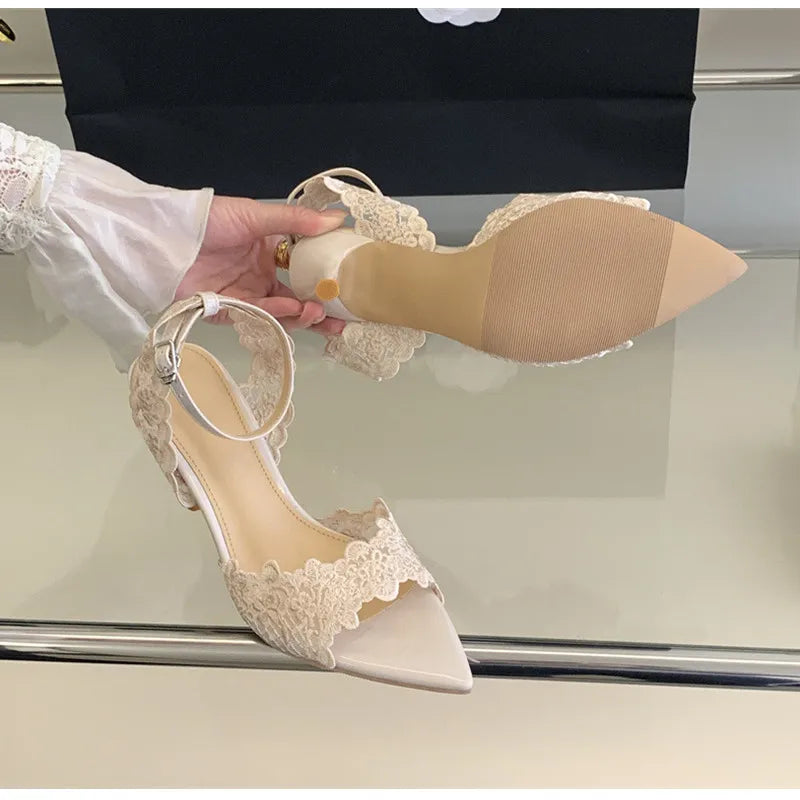 Luxury Lace Embroidery Ankle Strap Buckle Women Gladiator Sandals Elegant Thin High heels Summer Fashion Party Wedding Shoes