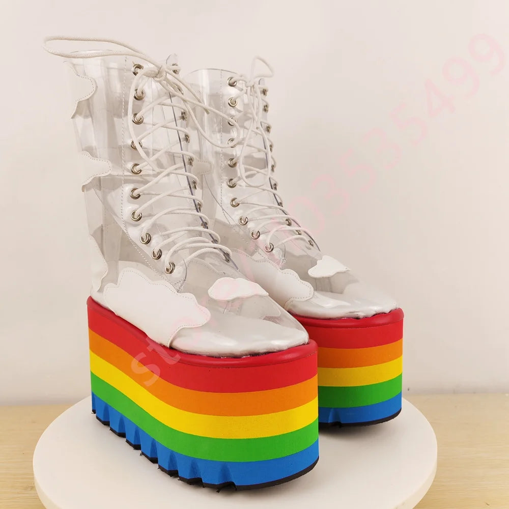 Rainbow Thick Sole Clear Pvc Short Boots 2025 New Round Wedge Heel Street Punk Cross-Lace Stage Boots Fashion Party Casual Boots