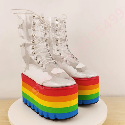 Rainbow Thick Sole Clear Pvc Short Boots 2025 New Round Wedge Heel Street Punk Cross-Lace Stage Boots Fashion Party Casual Boots