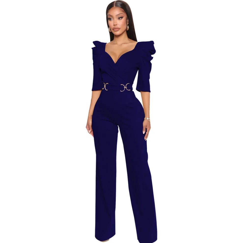 Yellow Rompers for Women XXL Fashion V Collar Short Sleeve Rompers Women Jumpsuits 2023 Club Lace Up High Waist Elegant Jumpsuit