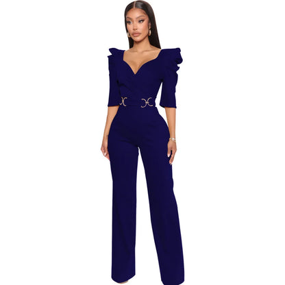 Yellow Rompers for Women XXL Fashion V Collar Short Sleeve Rompers Women Jumpsuits 2023 Club Lace Up High Waist Elegant Jumpsuit