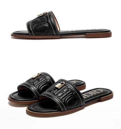 CHCH Women's Flat Shoes Summer New Solid Color Embossed Sandals Simple Fashion Slippers