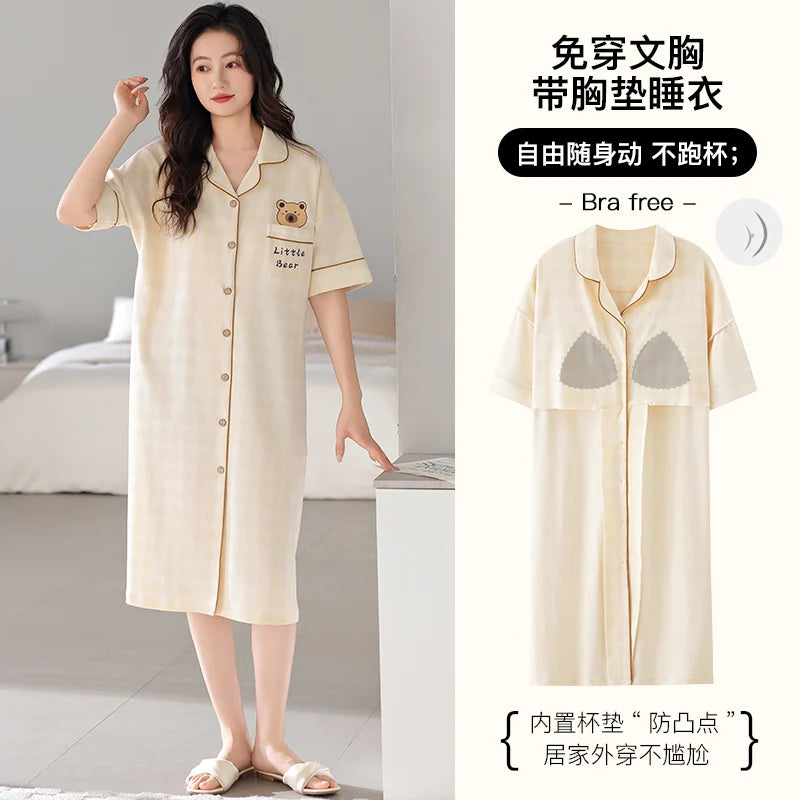 Newest M-5XL Women Short Sleeve Nightdress With Chest Pad Female Knited Cotton Nightwear Sleepdress