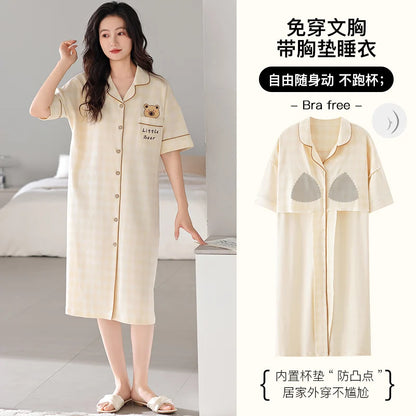 Newest M-5XL Women Short Sleeve Nightdress With Chest Pad Female Knited Cotton Nightwear Sleepdress