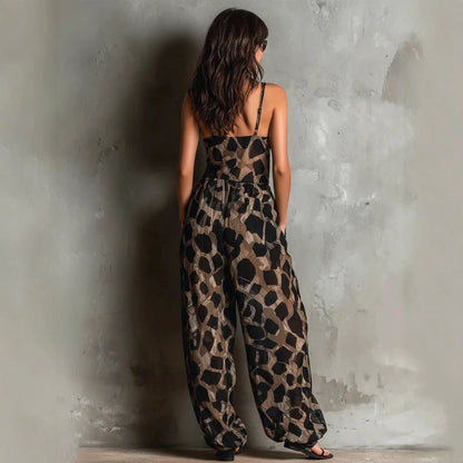 Sexy Leopard Print Long Jumpsuits Women Thin Strap Sleeveless V Neck Twist Front Wide Leg Pants Playsuit 2026 Female Overall