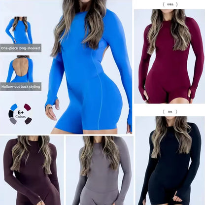Long Sleeve Backless One Piece Yoga Bodysuit Women Seamless Butt Lift Gym Shorts Romper Quick Dry Fitness Sportswear