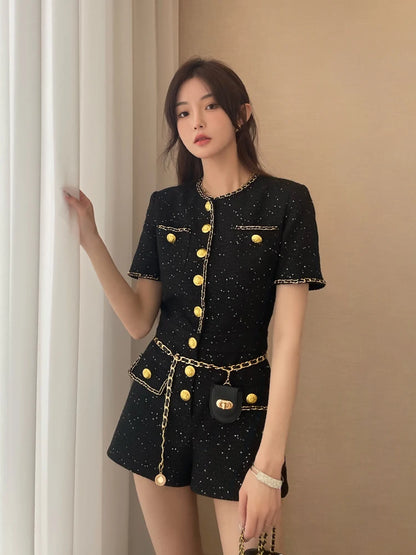 French Style Women Short Sleeve One Piece Tweed Playsuit O Neck Single Breasted Elegant Ladies Slim Fit Jumpsuit Casual Rompers