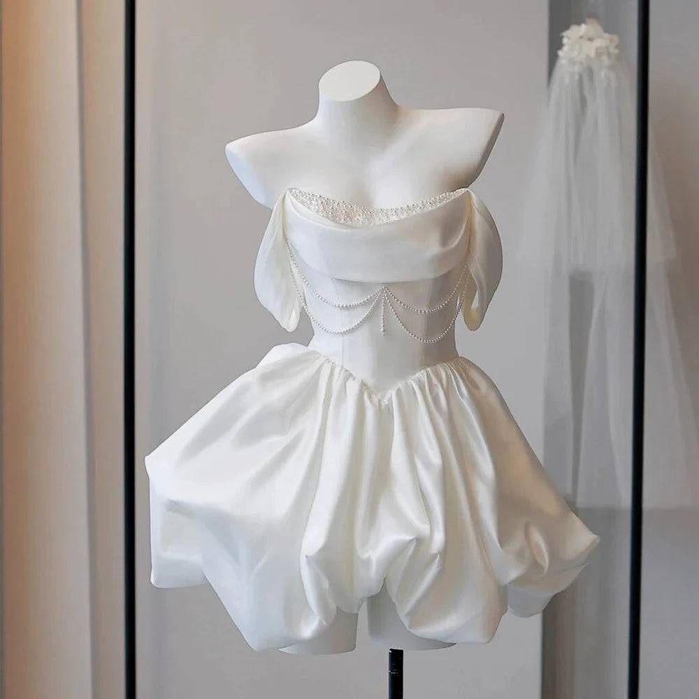 Korea Mini Short Wedding Party Dresses Wedding Photoshoot Strapless Beaded Taffeta Bolero Bride Gowns Corset Back Customized