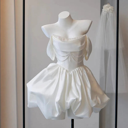Korea Mini Short Wedding Party Dresses Wedding Photoshoot Strapless Beaded Taffeta Bolero Bride Gowns Corset Back Customized