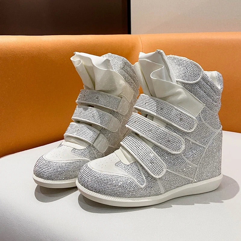 2026 Vintage Rivet Heightened Sneaker Wedge Velcro Casual Bright Diamond Booties