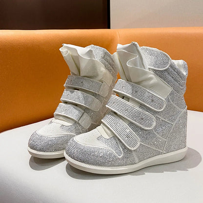 2026 Vintage Rivet Heightened Sneaker Wedge Velcro Casual Bright Diamond Booties