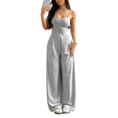 Casual Jumpsuit Jumpsuits For Woman Sling Women's Clothing Solid Color Backless Sleeveless Loose Wide Legs Trouser Simple Style