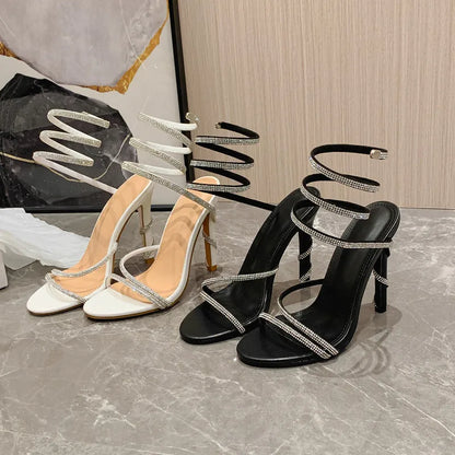 Luxury Crystal Snake Coiled Women Sandals Sexy Narrow band Thin High heels Wedding Party Female Gladiator Sandals Summer Shoes