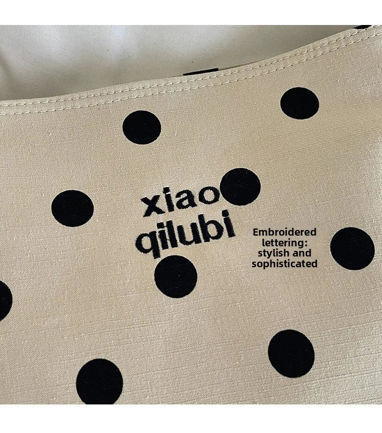 Korean Style Niche Linen Dot Shoulder Bag Women New Fashion Large Capacity Bucket Bag Casual Versatile Commuting Underarm Bag