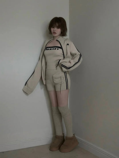 Japanese Spring Autumn 3-piece Set Sweet Striped Zipper Cardigan Tube Top High Waist Shorts Set Y2K Street Style Casual Wear