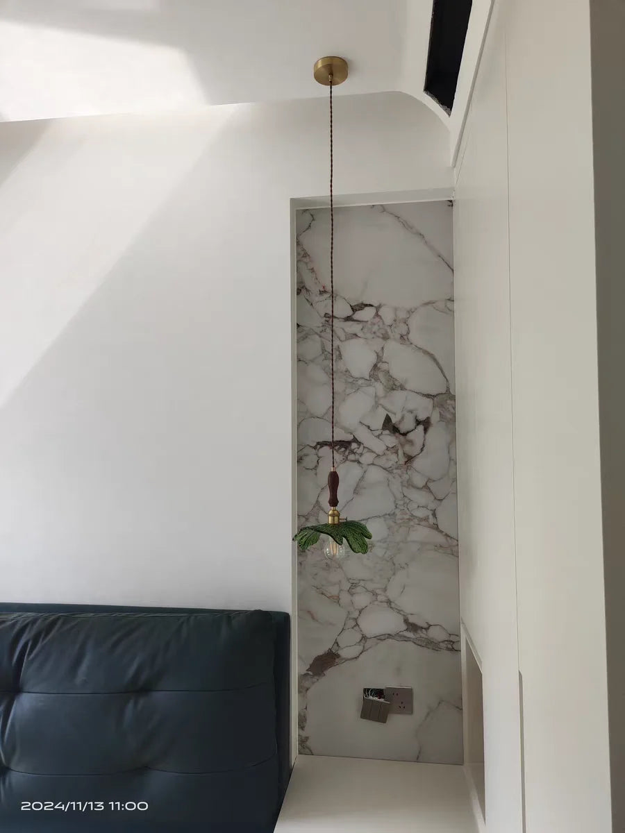 IWHD Home Decor LED Pendant Lights Kitchen Restaurant Copper Socket Flower Green Glass  Nordic Modern Walnut Wood Hanging Lamp