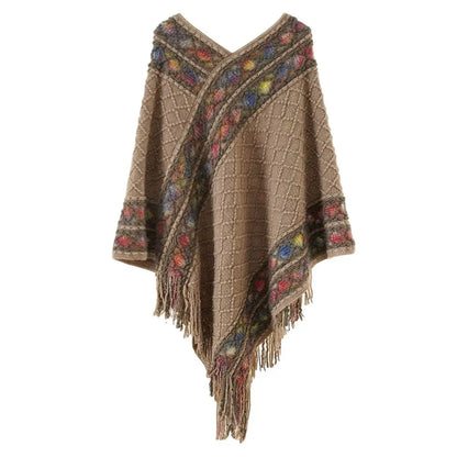 Plush Winter Warm Mongolian Poncho Ethnic Style Imitation Cashmere Rhombic Stripe Tassel Shawl Knitting Wraps Women Fashion