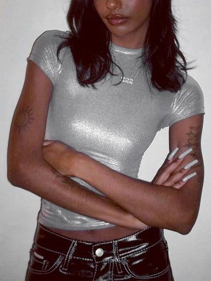 Leather Solid O Neck Short Sleeves Sexy Slim Y2K T-Shirt Top 2024 Summer Women Fashion Tees Streetwear Grunge Clothes