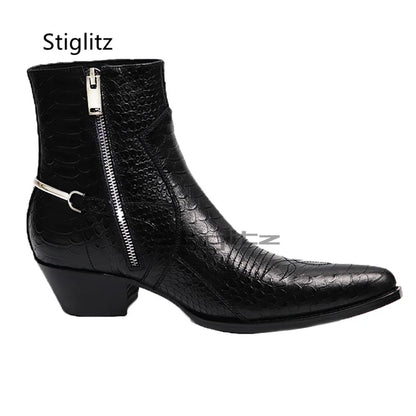 Genuine Leather Embroidery Men's Boots Pointy Chelsea Boots Snakeskin Metal Decor Chunky Heeled Ankle Boots Party Male Shoes