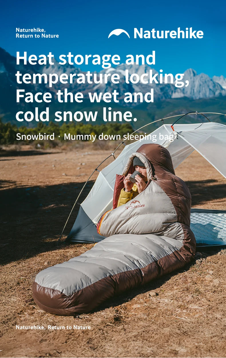 Naturehike Snowbird Sleeping Bag Duck Down 650FP Mummy Sleeping Bag for Adults Cold Weather for Outdoor Hiking Travel Ultralight