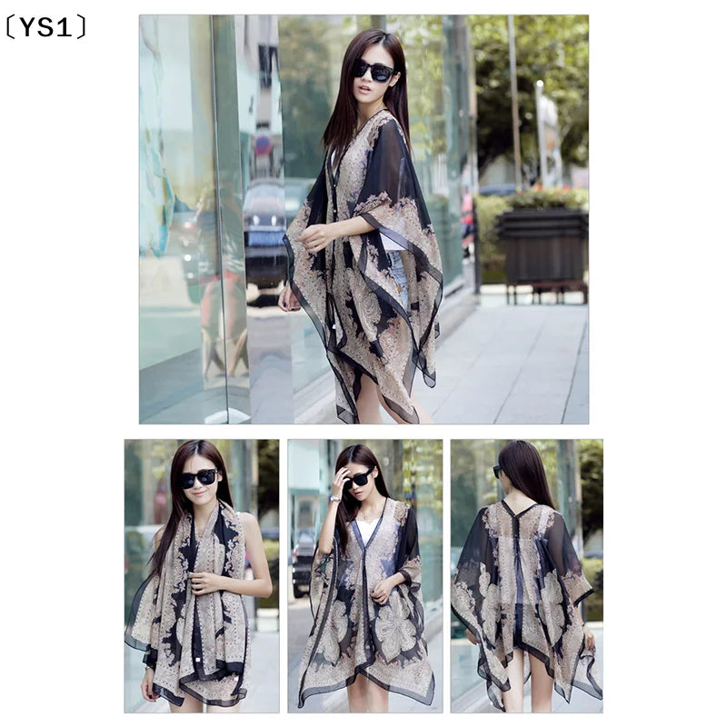 〔YS1〕Summer Sun Protection Chiffon Printed Scarf  Scarf Polyester Shawls For Women Beach Silk Variable Decorative Shawl