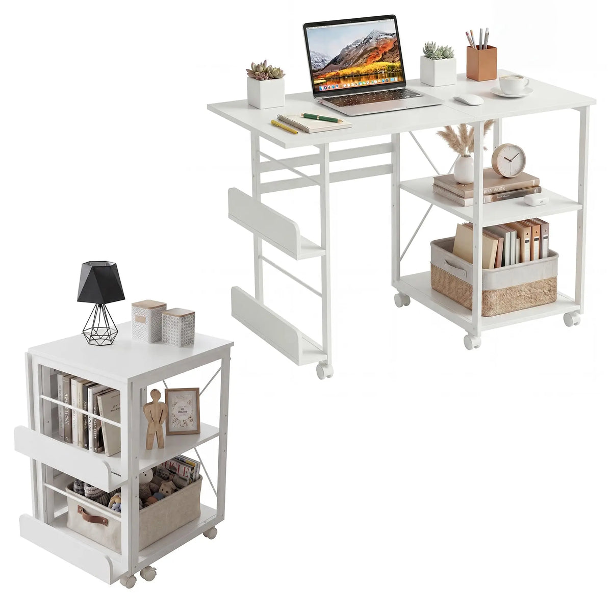 41inch Folding Computer Desk with Wheels, Space-Saving Mobile Home Office Writing Table, Storage Shelf, Side Organizer, Locking Rolling Casters