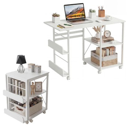 41inch Folding Computer Desk with Wheels, Space-Saving Mobile Home Office Writing Table, Storage Shelf, Side Organizer, Locking Rolling Casters