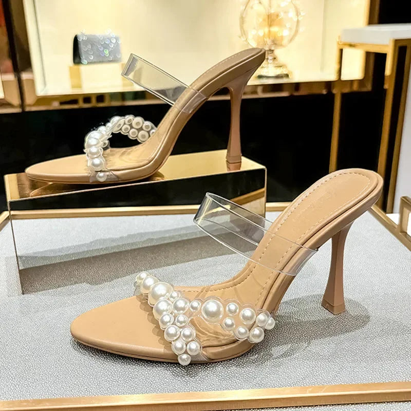 Luxury Brand Design String Bead PVC Transparent Slippers Women Summer High Heels Sandalias Fashion Open Toe Party Slide Sandals