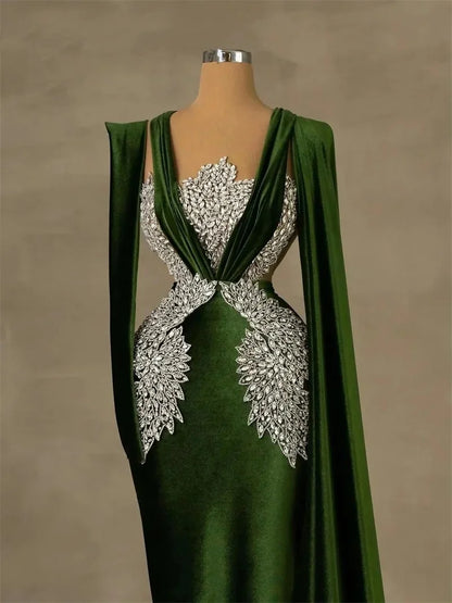 Stylish Mermaid Evening Dress V Neck Beaded Diamond Prom Gowns Sexy Long Sleeve Floor Length  Party  Dresses Customized